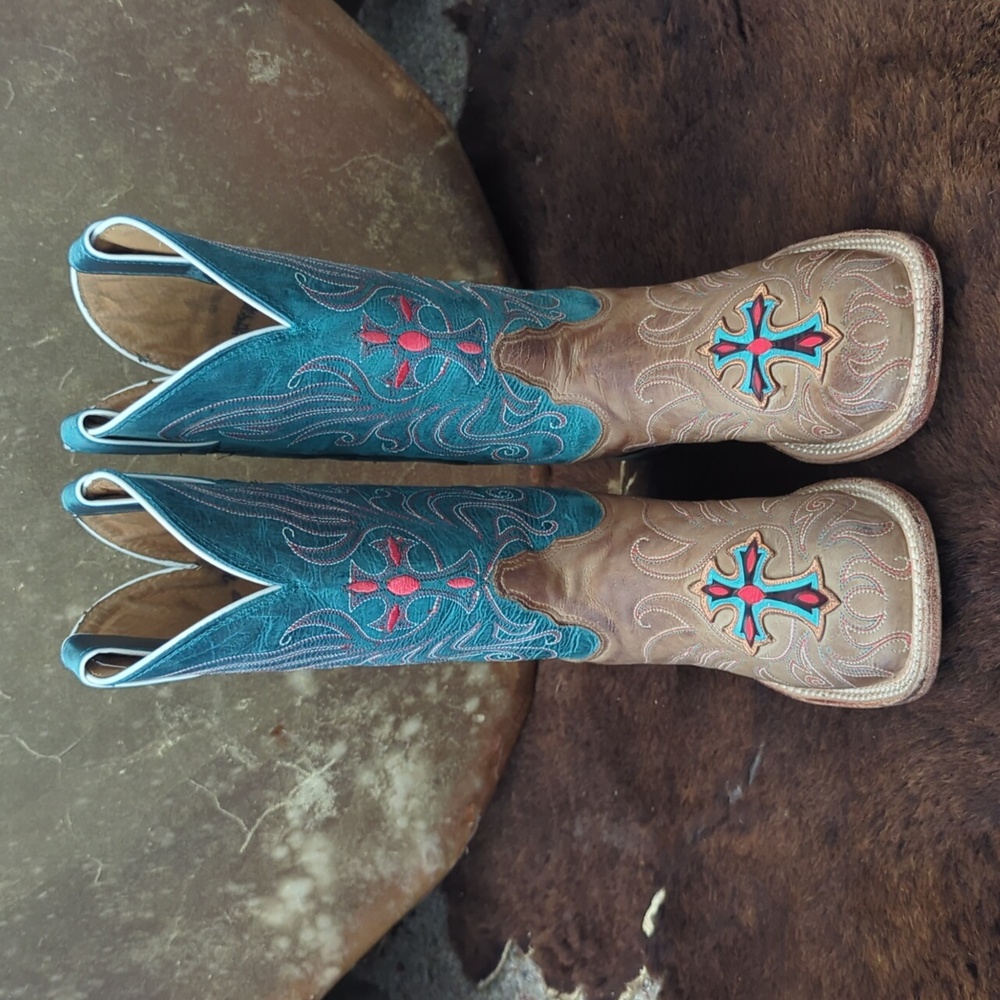 TONY LAMA ladies style#7931L "tan vintage cow cross" teal/brown cowboy boots 6.5 - Picture 10 of 16